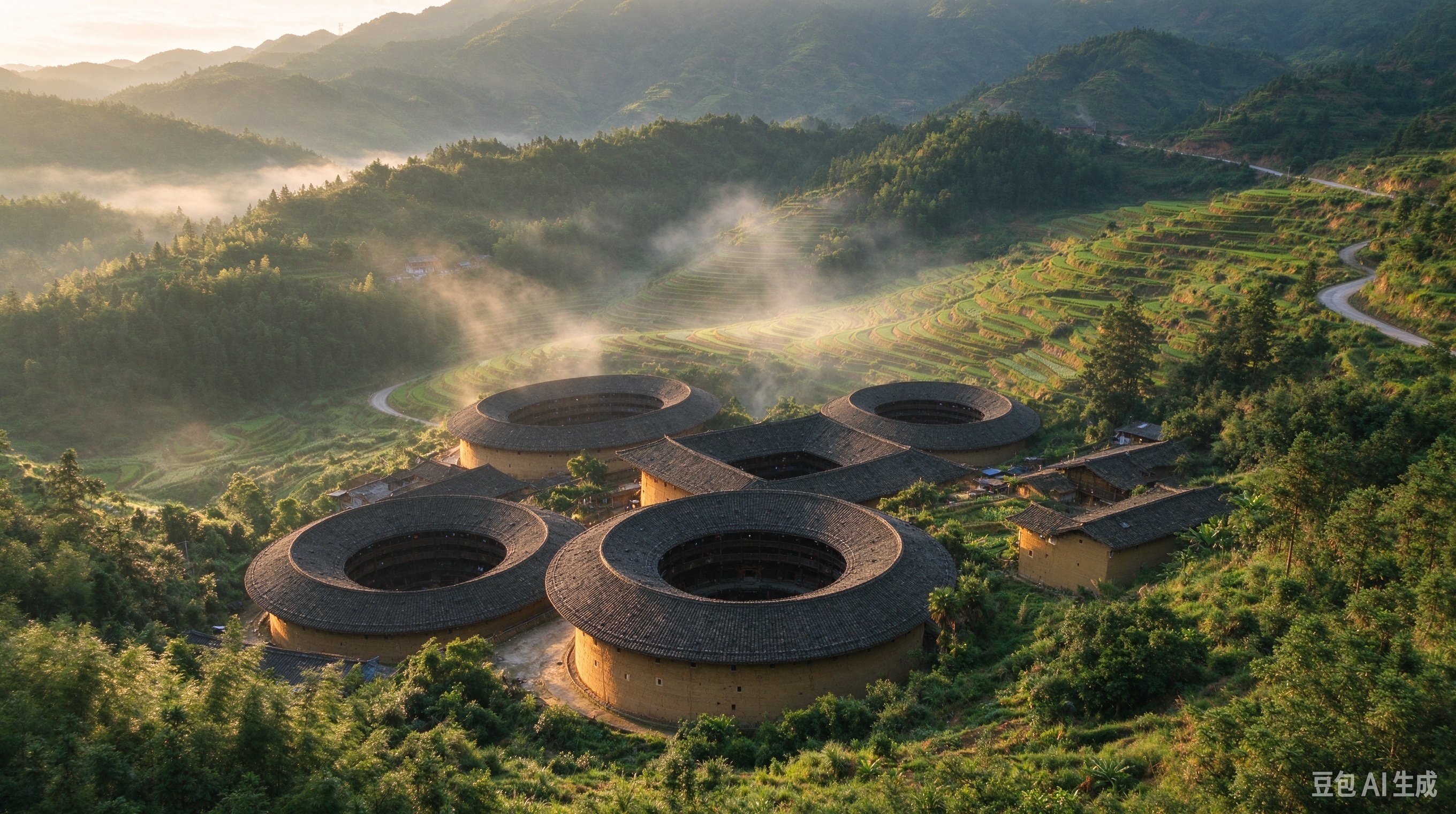Doubao's Tianluokeng Tulou Cluster, from the same prompt
